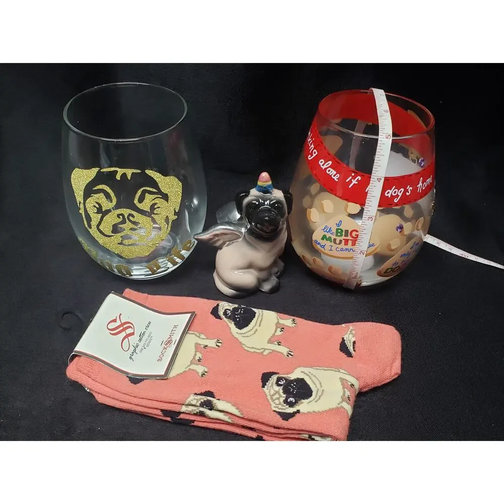 Lolita Love My Dog & Pug Life Wine Glasses Pug Decor & BNWT Socks | Doggy Lover